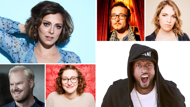 SXSW Comedy participants (l-r) Rachel Bloom, James Adomian – Photo by Mindy Tucker; Beth Stelling – Photo by Mindy Tucker; Jim Gaffigan; Jo Firestone – Photo by Mindy Tucker; and James Davis