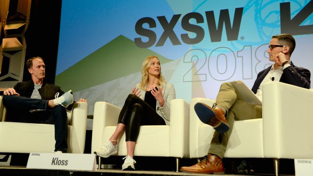 AUSTIN, TX - MARCH 12: (L-R) Adidas Head of Global Brands Eric Liedtke, Karlie Kloss and NPR's Guy Raz speak onstage at Create the World You Want to Live In during SXSW at Austin Convention Center on March 12, 2018 in Austin, Texas - Photo by Nicola Gell/Getty Images for SXSW