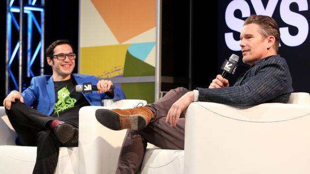 AUSTIN, TX - MARCH 13: Eric Kohn (L) and Ethan Hawke speak onstage during SXSW at Austin Convention Center on March 13, 2018 in Austin, Texas. (Photo by Travis P Ball/Getty Images for SXSW)