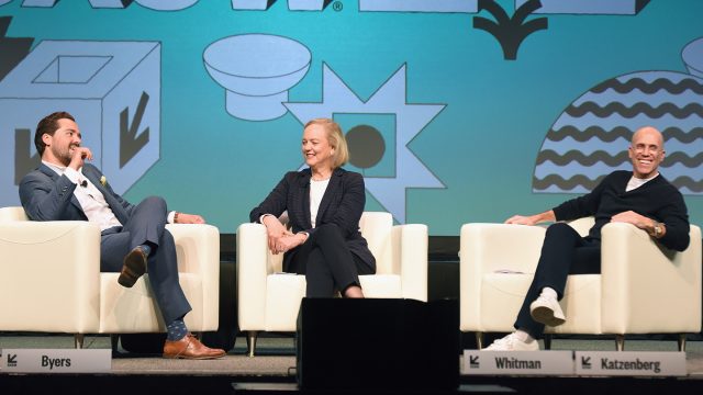 Dylan Byers, Meg Whitman, and Jeffrey Katzenberg - 2019 - Photo by Dave Pedley