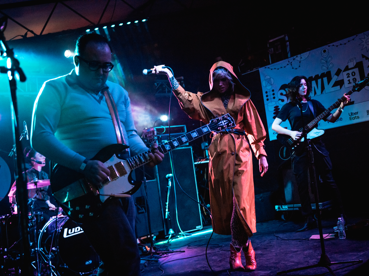 Jaguar, Katie Alice Greer, and Daniele Daniele of Priests perform onstage at The Onion AV Club Event at Mohawk.