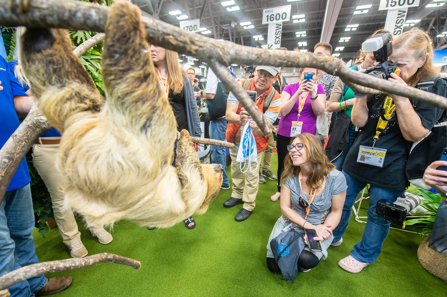 Sloths made a brief visit to the Calm booth on the first day of the SXSW Trade Show.