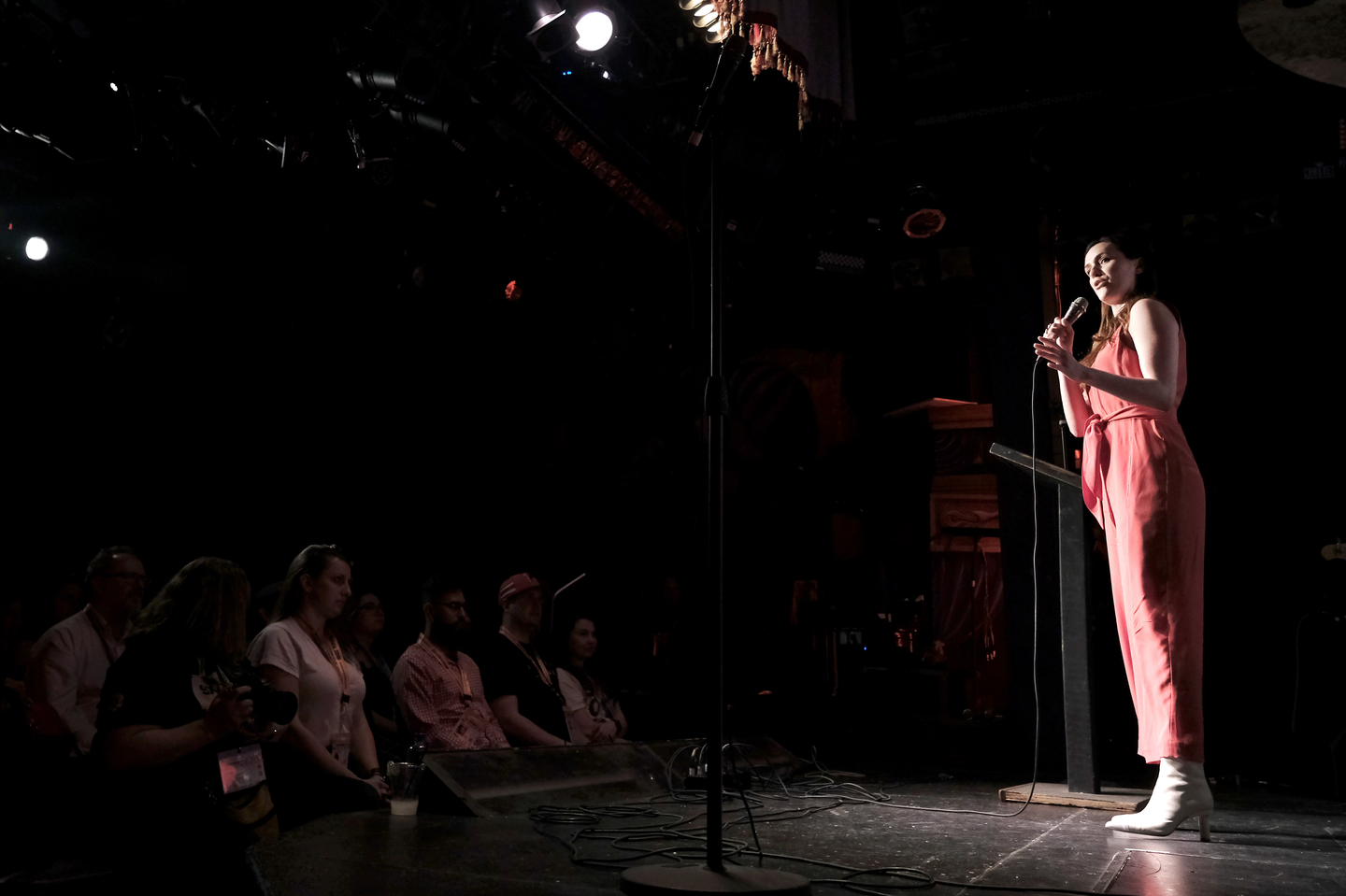 Adriene Mishler speaks onstage at Dynasty Typewriter presents That's Enchantertainment! at Esther's Follies.