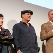 (L-R) Kathy Bates, Woody Harrelson, and Kevin Costner speak onstage at The Highwaymen Premiere at the Paramount Theatre.