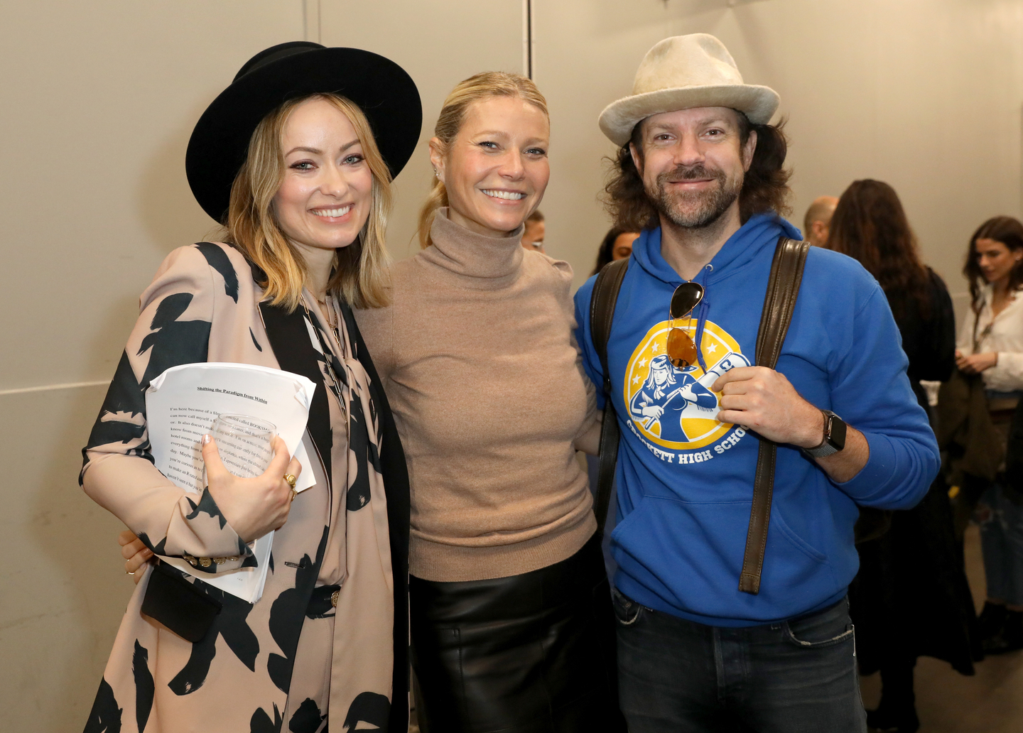 (L-R) Olivia Wilde, Gwyneth Paltrow and Jason Sudeikis pose backstage. Photo by Diego Donamaria/Getty Images for SXSW