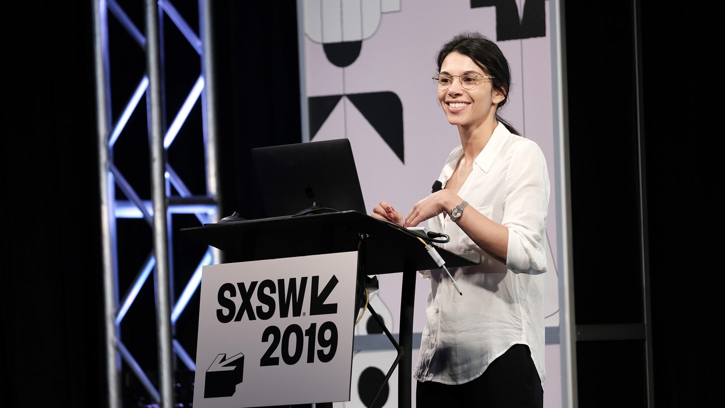 Jessica Brillhart speaks onstage at her Convergence Keynote.