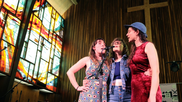 (L-R) Amelia Meath, Alexandra Sauser-Monnig, and Molly Erin Sarle of Mountain Man perform onstage at NPR Tiny Desk Concert at Central Presbyterian Church.