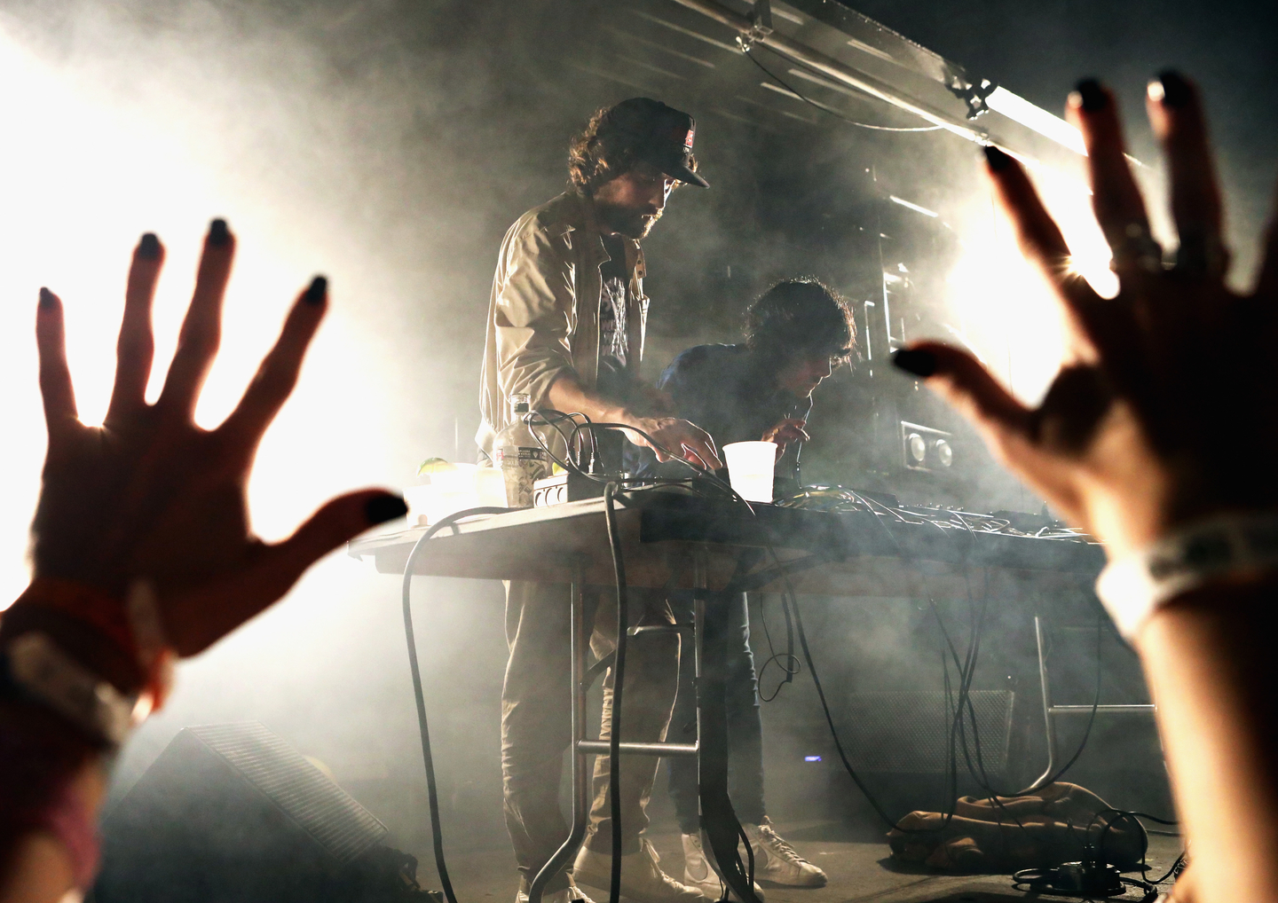 Gaspard Augé (L) and Xavier de Rosnay of Justice perform onstage at The Main.