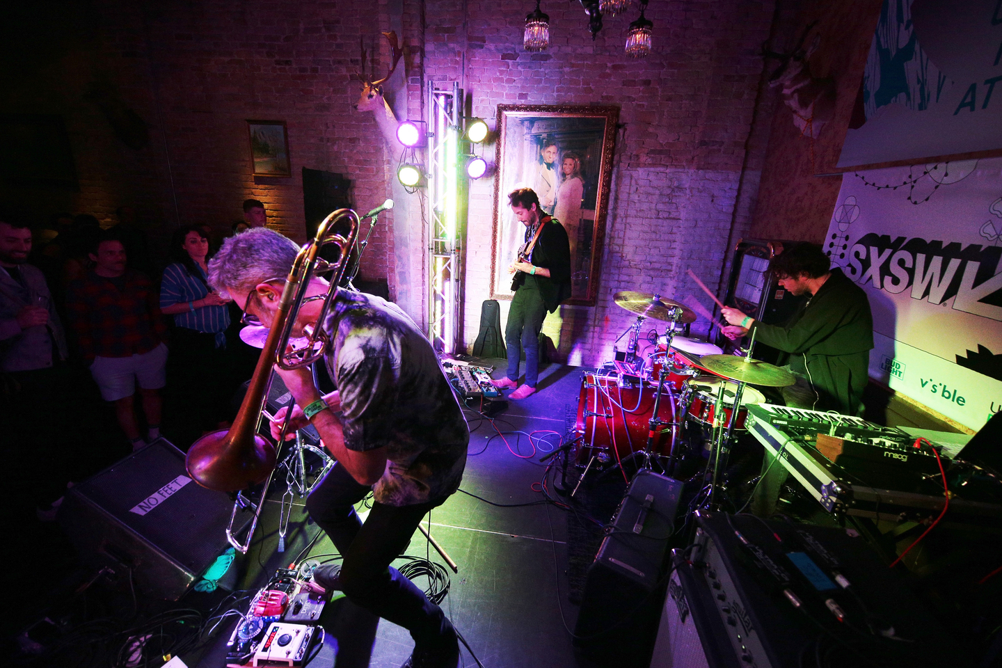 (L-R) Pascal Bideau, Daniel Brandt, and Rick Parker of Daniel Brandt perform onstage at Initiative Musik Event at Seven Grand.