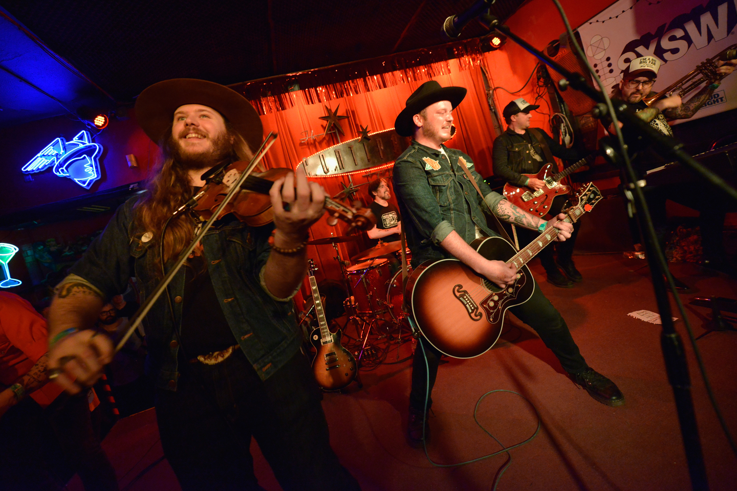 (L-R) Travis Curry, Guyton Danders, Josh Fleming, Mark Moncrief, and Cory Graves of Vandoliers perform at the Bloodshot Records event at the Continental Club.