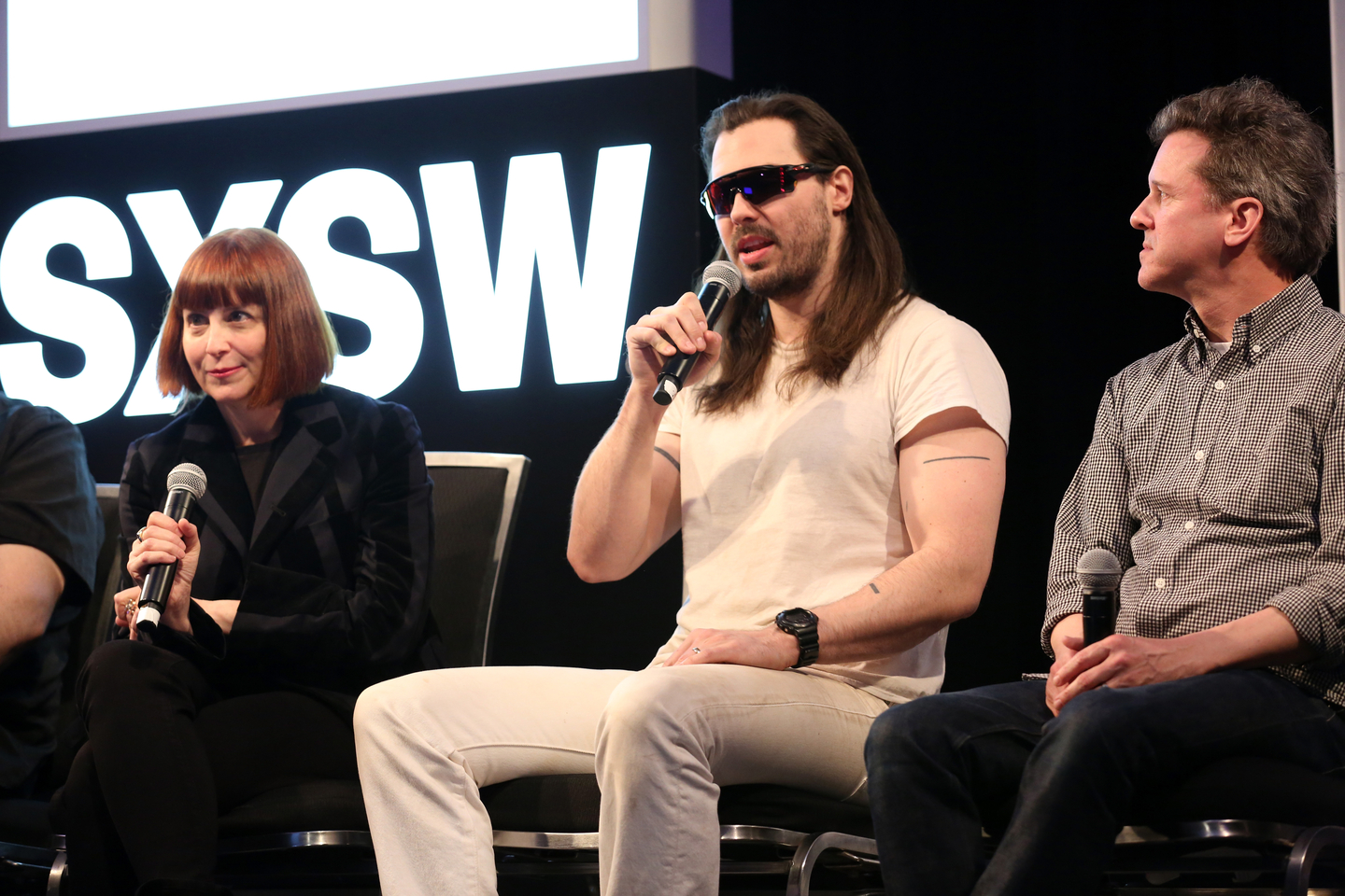 Karen Glauber, Andrew W.K, and Mac McCaughan speak onstage at their Featured Session: Heavenly Pop Hit.