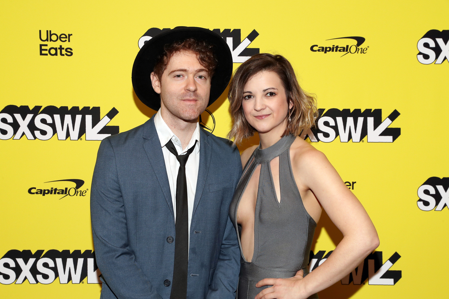 (L-R) Justin Davis and Sarah Zimmermann of Striking Matches attend the Bluebird premiere at the Paramount Theater.