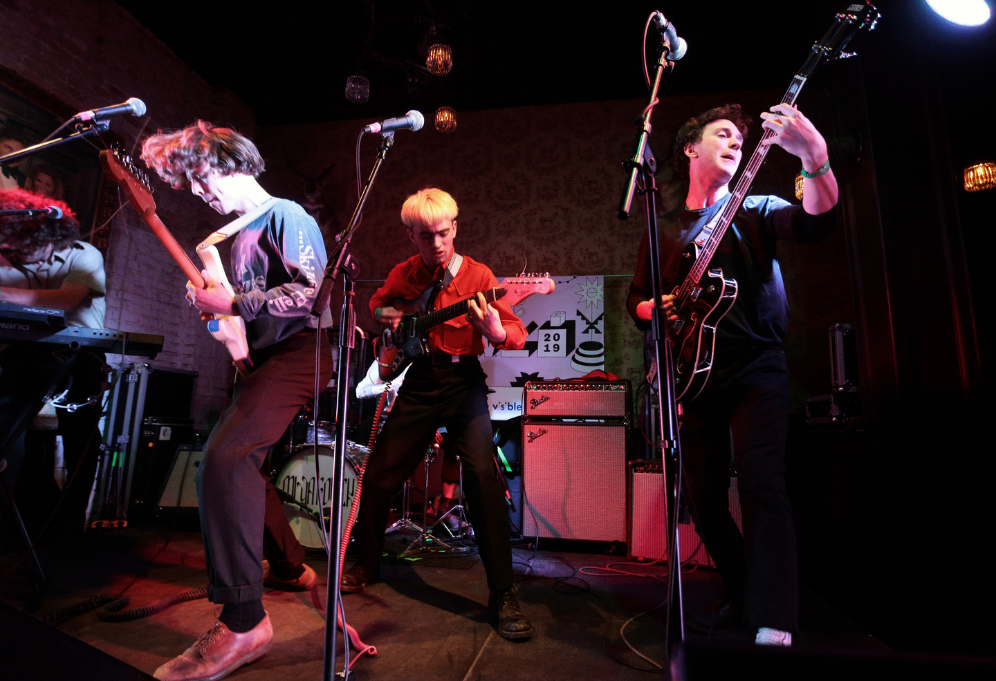 (L-R) Jacob Shepansky, Austin Boylan, and Tom Gould of Pottery perform onstage at the Terrible Records showcase at Seven Grand.