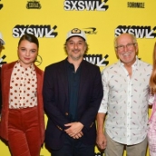 (L-R) Martin Lawrence, Stefania LaVie Owen, Harmony Korine, and Jimmy Buffett, and Isla Fisher attend the The Beach Bum Premiere at the Paramount Theatre.