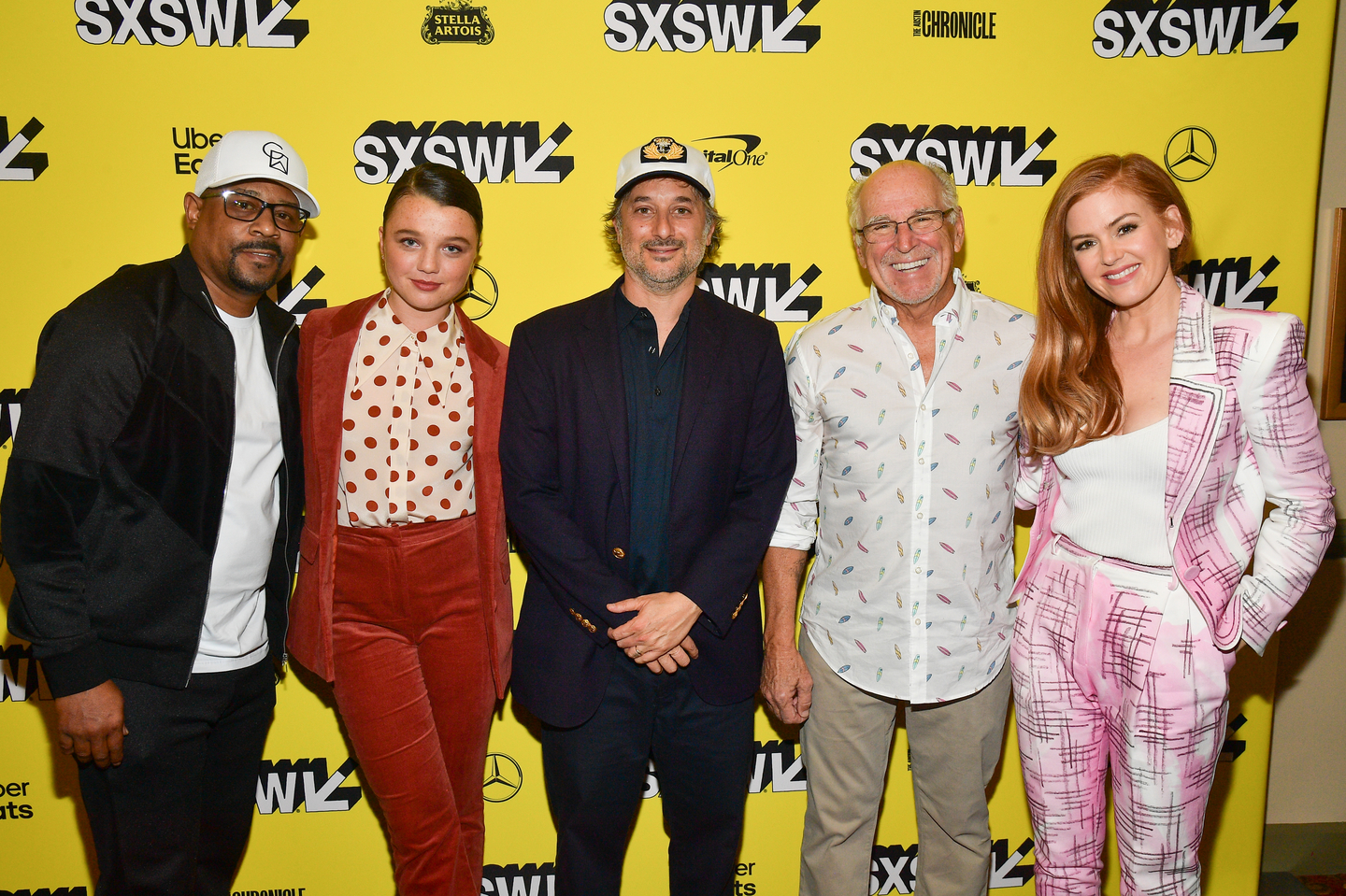 (L-R) Martin Lawrence, Stefania LaVie Owen, Harmony Korine, and Jimmy Buffett, and Isla Fisher attend the The Beach Bum Premiere at the Paramount Theatre.