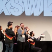 The SXSW Film Staff present Olivia Wilde with a birthday cake while she attends the Booksmart Premiere at the Paramount Theatre.
