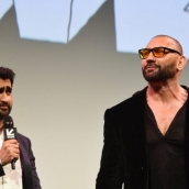 Kumail Nanjiani and Dave Bautista attends the Stuber premiere at the Paramount Theatre.