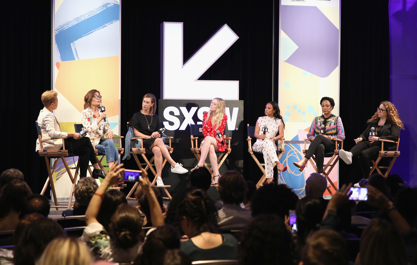 (L-R) Tonya Lewis Lee, Sarah Aubrey, Amy Powell, Dakota Fanning, Karrueche Tran, Janine Sherman Barrois, and Susan Rovner at 