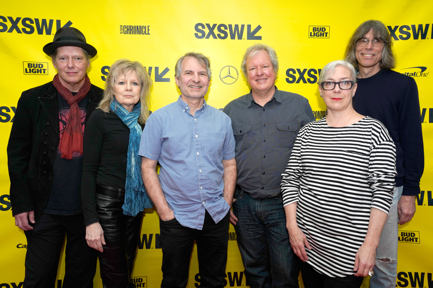 (L-R) Richard Lloyd, Tina Weymouth, Chris Stamey, Chris Frantz, and Julia Gorton of Talking Heads, and David Fricke at 