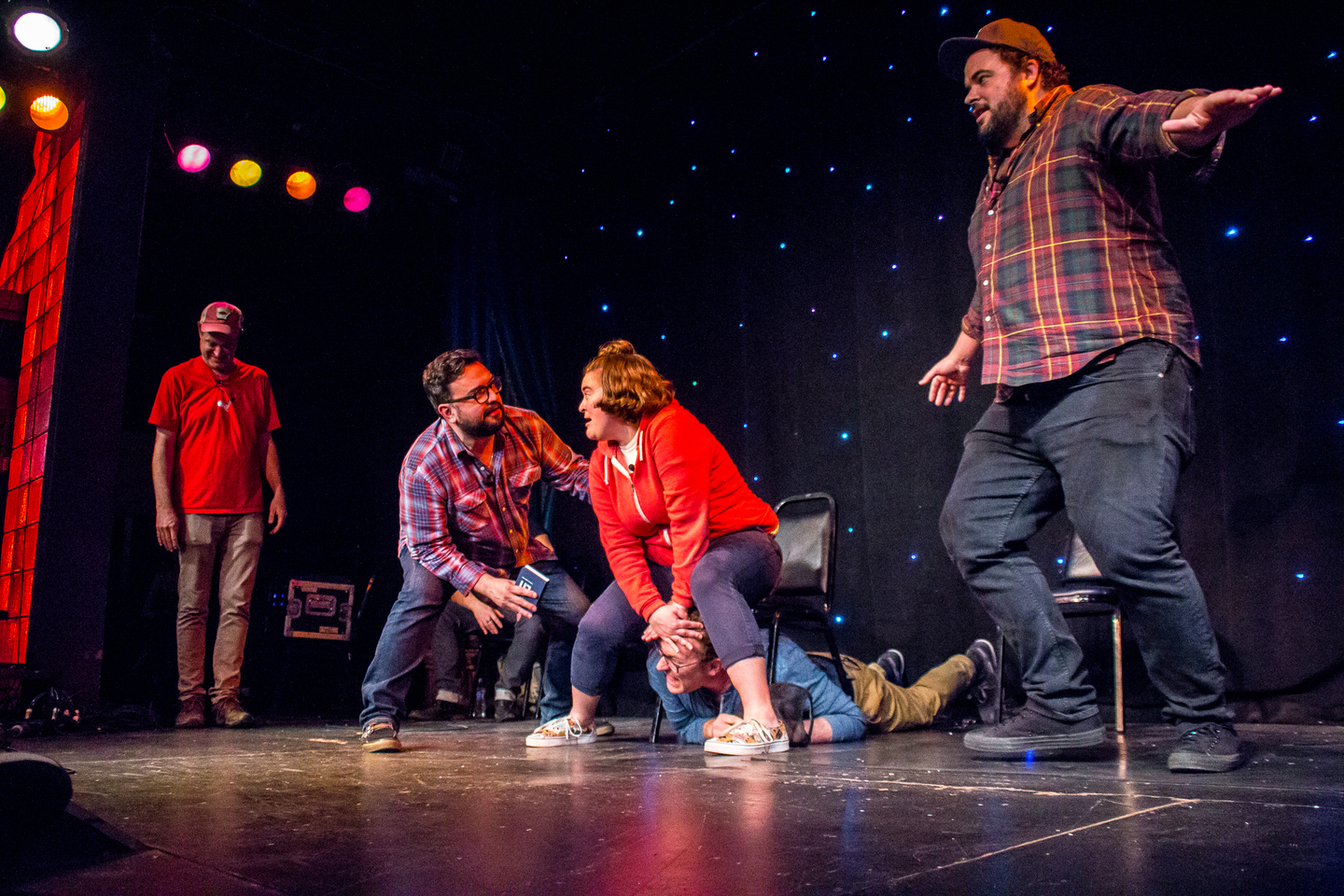 Matt Besser, Horatio Sanz, Betsy Sodaro, James Adomian, and Jon Gabrus at Upright Citizen Brigade's ASSSSCAT. Photo by Claudio Fox