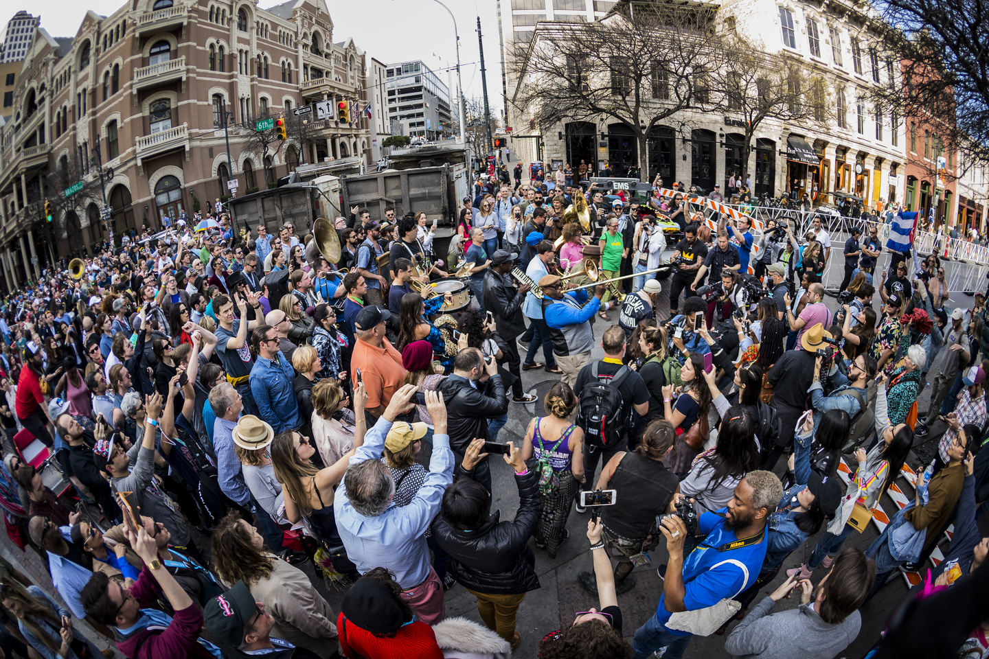 After the afternoon screening of A Tuba to Cuba, the Preservation Hall Jazz Band led a second line parade from the Paramount Theatre to the Mohawk. Photo by Aaron Rogosin