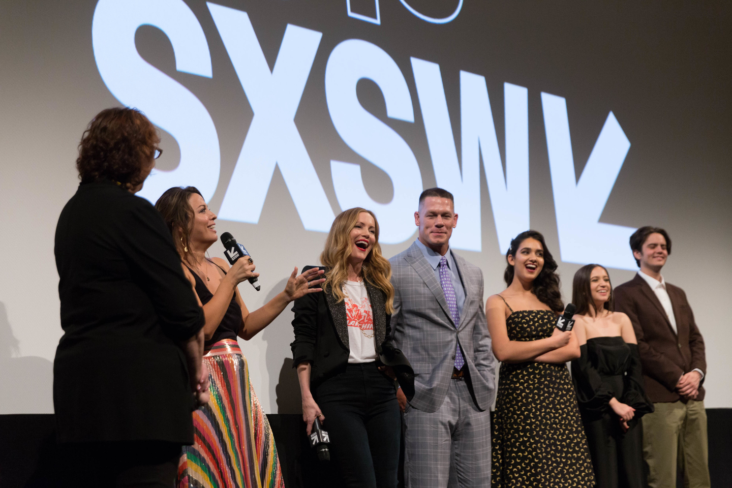 Janet Pierson, Kay Cannon, Leslie Mann, John Cena, Geraldine Viswanathan, Gideon Adlon, and Miles Robbins at the Blockers World Premiere Q&A. Photo by Jessy Ann Huff