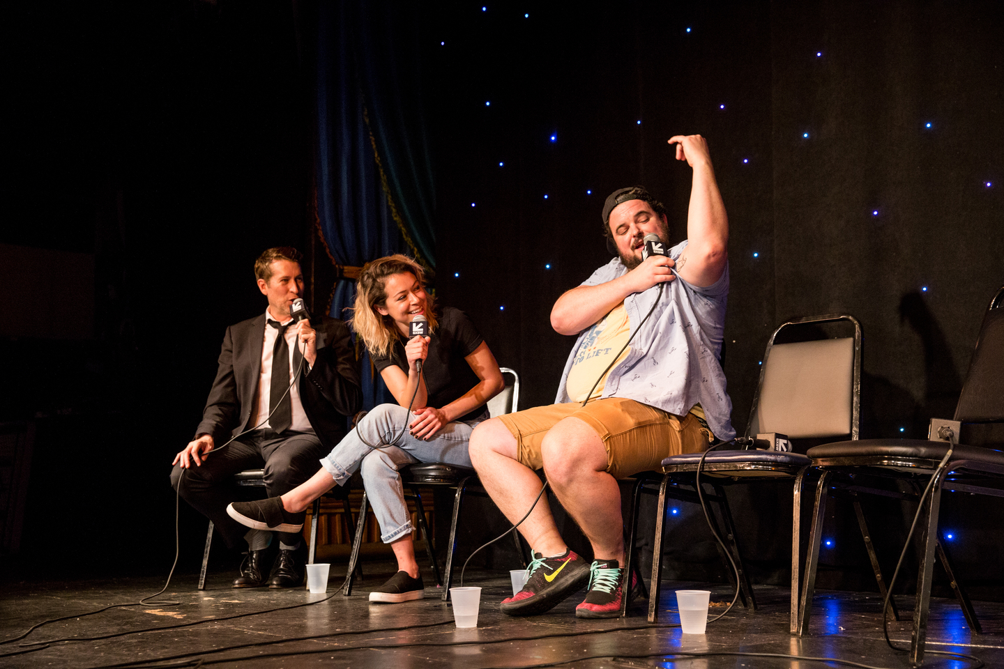 Scott Aukerman, Tatiana Maslany, and Jon Gabrus at Comedy Bang! Bang! Photo by Alexa Gonzalez Wagner