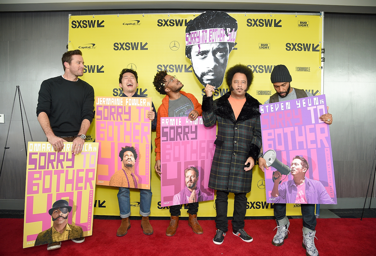 (L-R) Armie Hammer, Steven Yeun, Jermaine Fowler, Boots Riley, and Omari Hardwick at the Sorry to Bother You Premiere. Photo by Michael Loccisano/Getty Images for SXSW