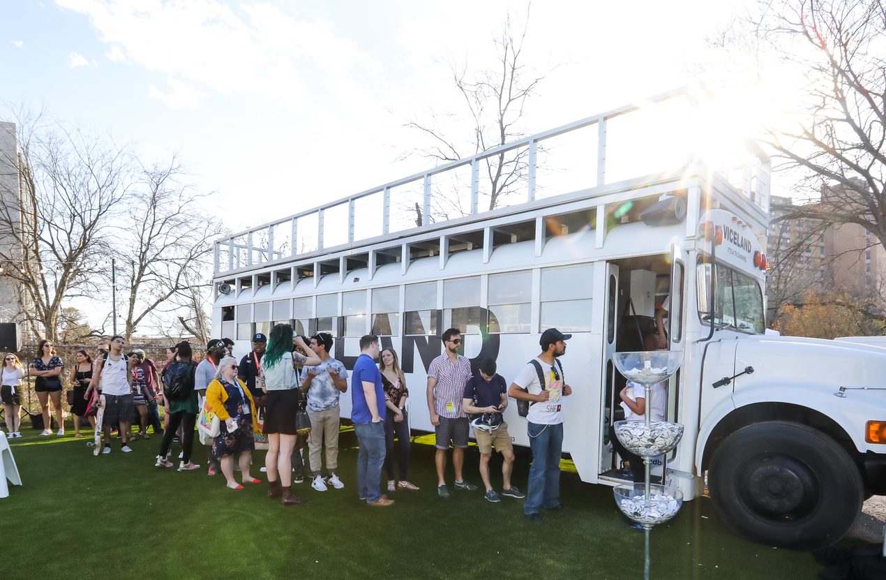 All aboard the Viceland bus in the Viceland Party Lot. Photo by Diego Donamaria