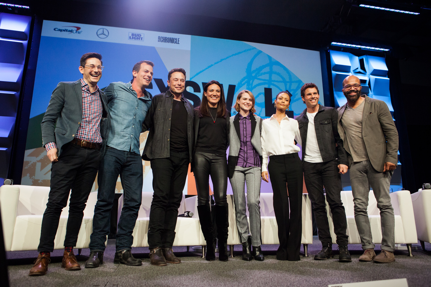 Westworld cast and showrunners with Elon Musk. L-R: Jason Tanz, Jonathan Nolan, Musk, Lisa Joy, Evan Rachel Wood, Thandie Newton, James Marsden, Jeffrey Wright. Photo by Samantha Burkardt