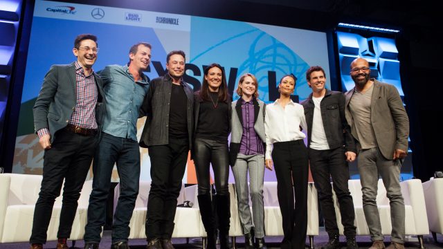 Westworld cast and showrunners with Elon Musk. L-R: Jason Tanz, Jonathan Nolan, Musk, Lisa Joy, Evan Rachel Wood, Thandie Newton, James Marsden, Jeffrey Wright. Photo by Samantha Burkardt