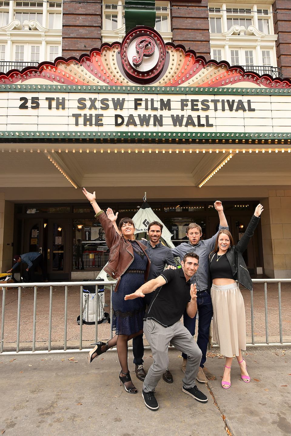Jacqui Jorgeson, Kevin Jorgeson, Rebecca Caldwell, Tommy Caldwell, and Brett Lowell before the North American premiere of The Dawn Wall. Photo by Matt Winkelmeyer/Getty Images for SXSW