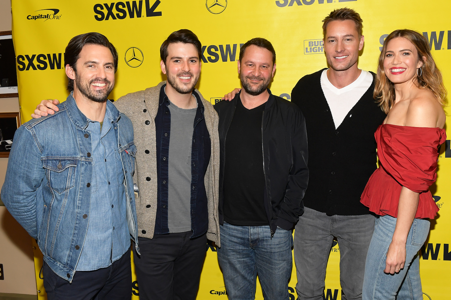 (L-R) Milo Ventimiglia, Issac Aptake, Dan Fogelman, Justin Hartley, and Mandy Moore attended the premiere of the This is Us Season 2 Finale at the Paramount Theatre. Photo by Matt Winkelmeyer/Getty Images for SXSW