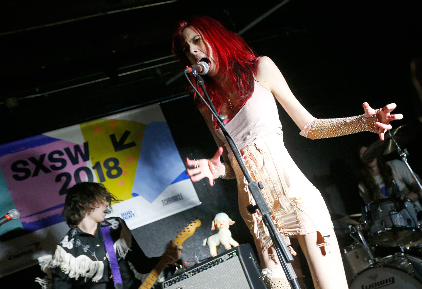Henri Cash (L) and Arrow de Wilde of Starcrawler perform onstage at the Music Opening Party during SXSW at The Main.