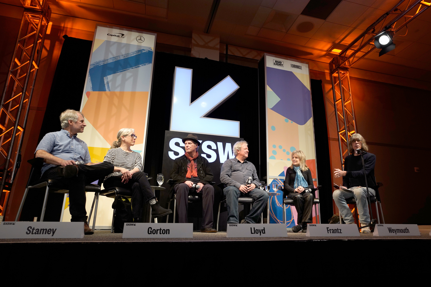 (L-R) Chris Stamey, Julia Gorton, Richard Lloyd, Chris Frantz and Tina Weymouth of Talking Heads, and David Fricke formed the panel for “From CBGB to the World: A Downtown Diaspora.” Photo by Ismael Quintanilla/Getty Images for SXSW