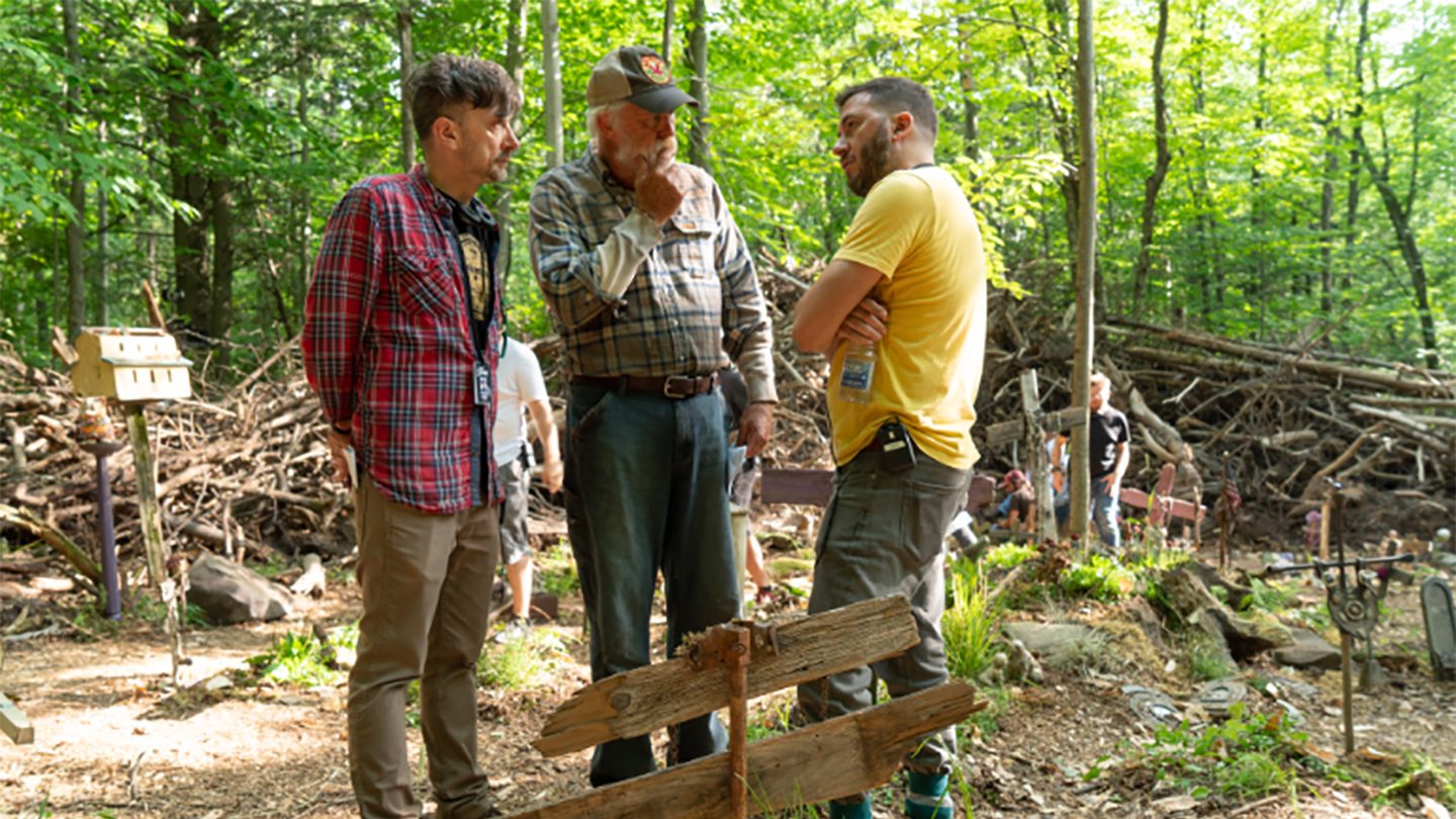 (L–R) Kölsch, John Lithgow, and Widmyer on the set. Photo by Kerry Hayes / 2019 Paramount Pictures