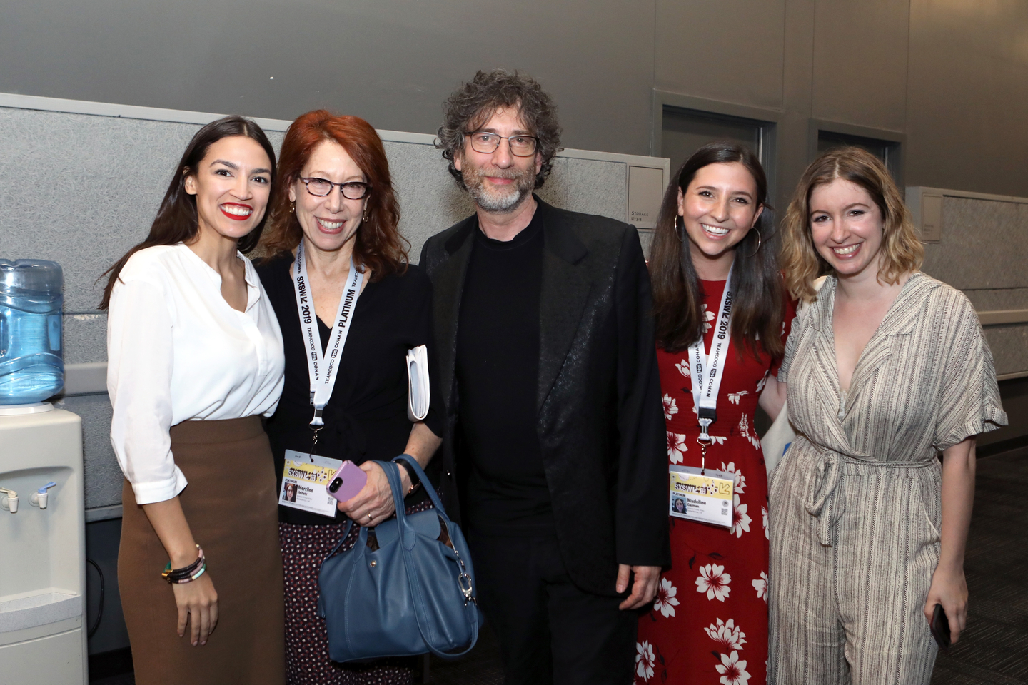 (L-R) Alexandria Ocasio-Cortez, Merrilee Heifetz, Neil Gaiman, Maddy Gaiman, and guest attended the Featured Session: Alexandria Ocasio-Cortez and the New Left – Photo by Samantha Burkardt/Getty Images for SXSW