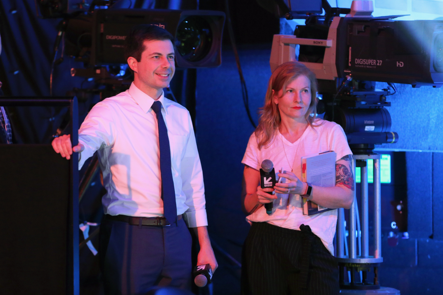 Mayor Pete Buttigieg and Ana Marie Cox backstage at Conversations About America's Future – Photo by Hutton Supancic/Getty Images for SXSW