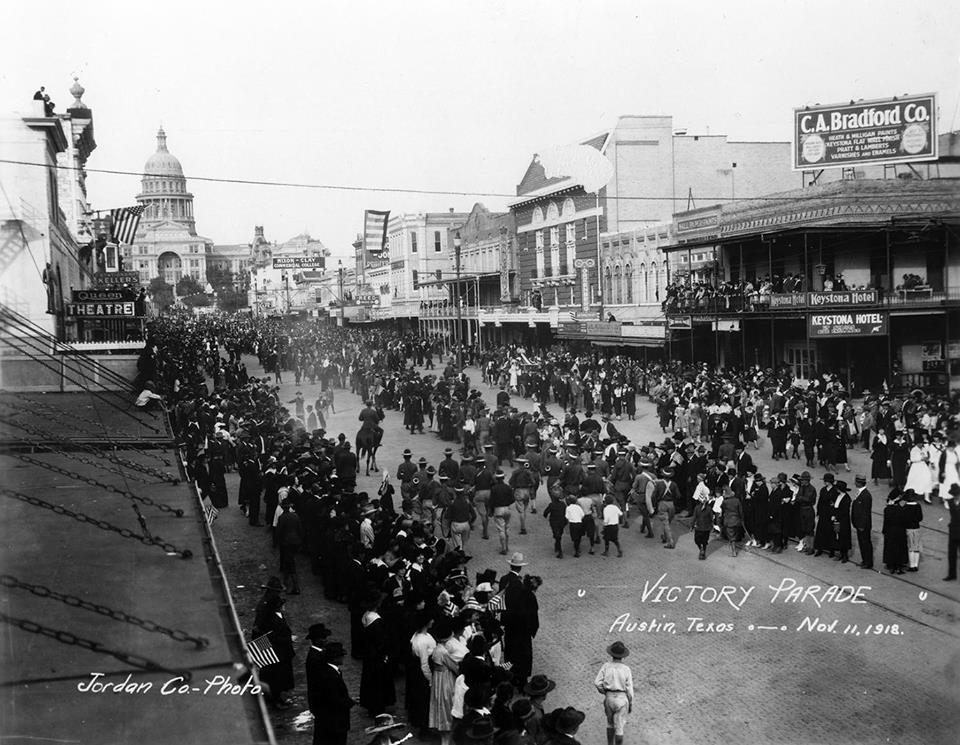 Armistice Day parade celebrating the end of World War I (11/11/1918). Taken from the SW corner of 7th and Congress.