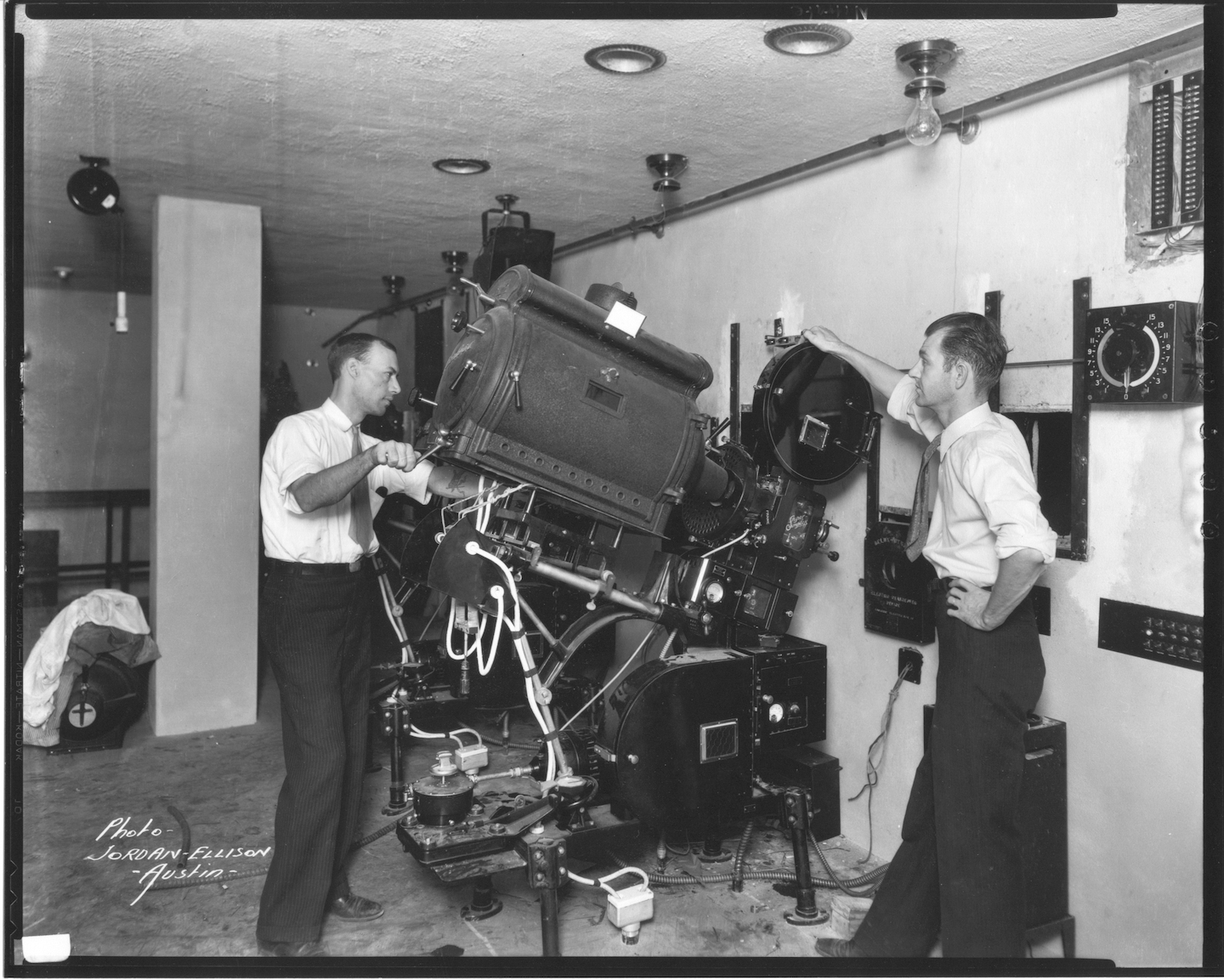 The projection booth at the Paramount Theatre during the 1930s
