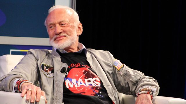 Buzz Aldrin speaks onstage during a featured session with Jeff Kluger - SXSW 2017. Photo by Nicole Burton