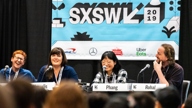 Kat Candler, Amanda Marsalis, Jennifer Phang, and Todd Rohal speak onstage during the session Kat Candler, Amanda Marsalis, Jennifer Phang, and Todd Rohal speak onstage during the session