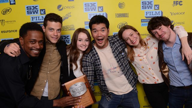 Actors Keith Stanfield, Rami Malek, Kaitlyn Dever, writer/director Destin Cretton of the film Short Term 12, and actors Brie Larson and John Gallagher Jr. pose with their Grand Jury Award for Narrative Feature at the 2013 SXSW Film Awards. Photo by Michael Buckner/Getty Images for SXSW.