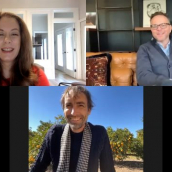 Clockwise from to left: Whitney Friedlander, Noah Hawley and Andrew Bird speak at the featured session “A Conversation with Noah Hawley and Andrew Bird” during SXSW Online on March 18, 2021.
