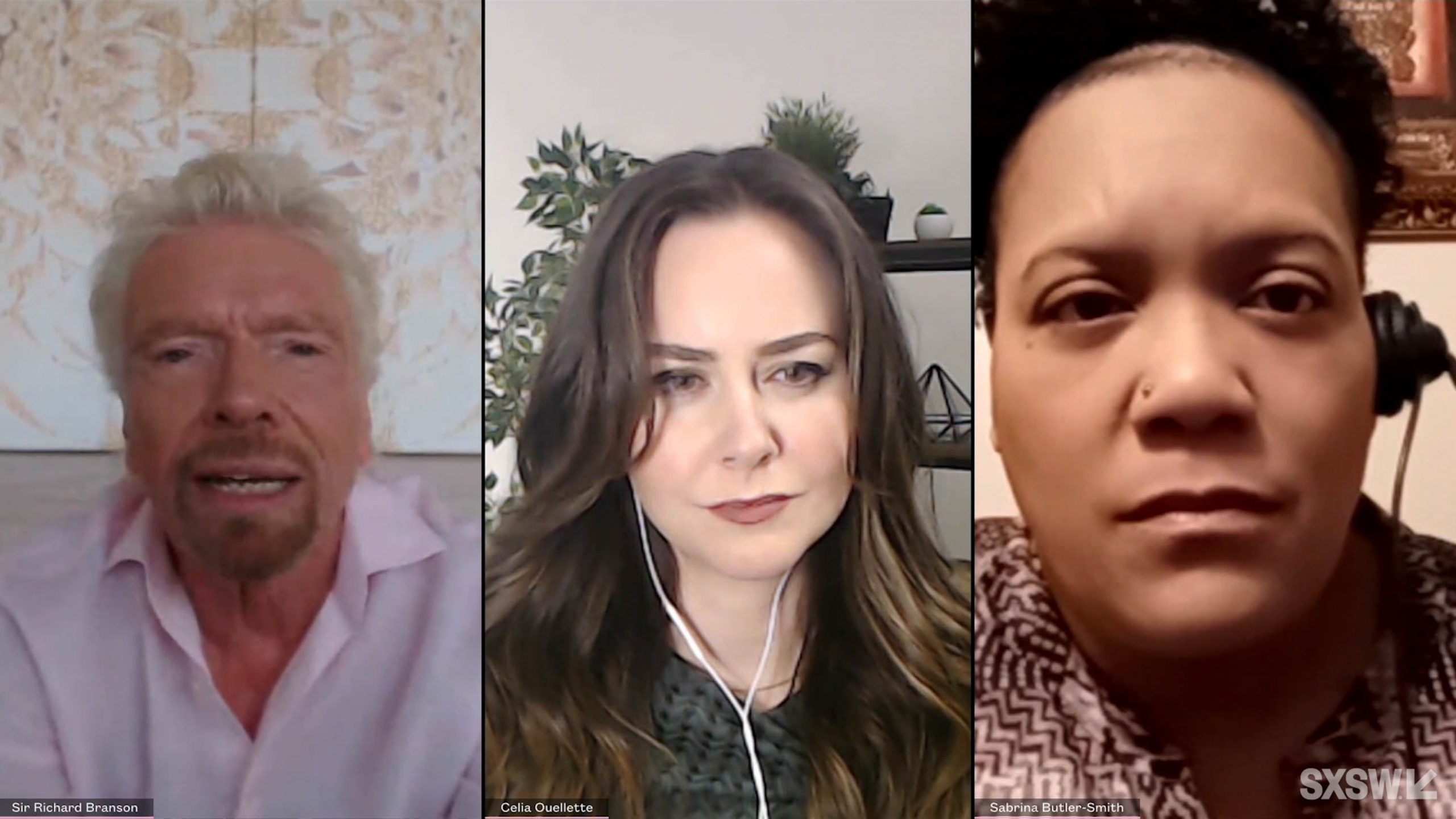 Sir Richard Branson (left), Celia Ouellette (center), and Sabrina Butler-Smith (right) speak at the featured session “Business Leaders Against the Death Penalty” during SXSW Online on March 18, 2021.