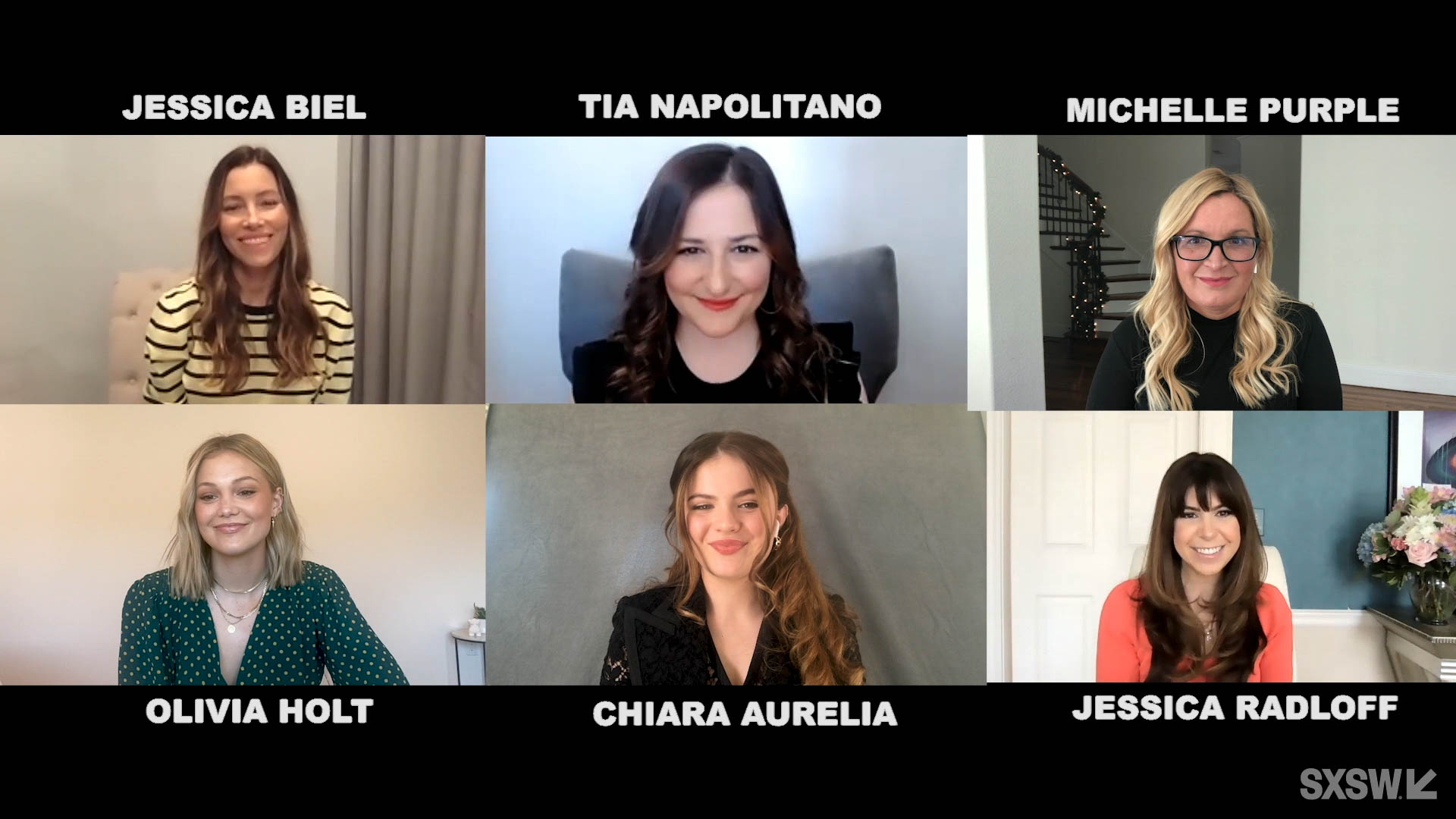 Jessica Radloff moderates the “Cruel Summer” Q&A with Jessica Biel, Tia Napolitano, Michelle Purple, Olivia Holt, and Chiara Aurelia at SXSW Online on March 19, 2021.
