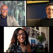 Barry Jenkins (top left), Nicholas Britell (top right), and Hannah Giorgis (bottom) answer questions at the SXSW Film Festival Premiere of "From Moonlight to The Underground Railroad - Barry Jenkins & Composer Nicholas Britell" during SXSW Online on March 16, 2021.