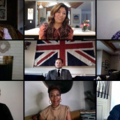 Moderator, Samantha Barry (top left), Christina Lee (top center), Alissa Nutting (top right), Cristin Milioti (middle left), Billy Magnussen (middle center), Ray Romano (middle right), Dan Bakkedah (bottom left), Noma Dumezweni (bottom center), and Caleb Foote (bottom right) answer questions at the SXSW Film Festival Premiere of "HBO Max's Made for Love Q&A" during SXSW Online on March 17, 2021.