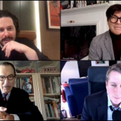 Clockwise from top left: Edgar Wright, Russell Mael, Scott Ackerman and Ron Mael speak at the SXSW Film Festival Premiere of The Sparks Brothers during SXSW Online on March 18, 2021.