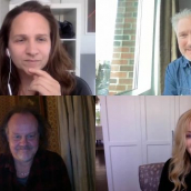 Jordan Crucchiola (top left), Travis Stevens (top right), Larry Fessenden (bottom left), and Barbara Crampton (bottom right) answers questions at the SXSW Film Festival Premiere of "Til Death Do Us Part: A JAKOB'S WIFE discussion" during SXSW Online on March 18, 2021.